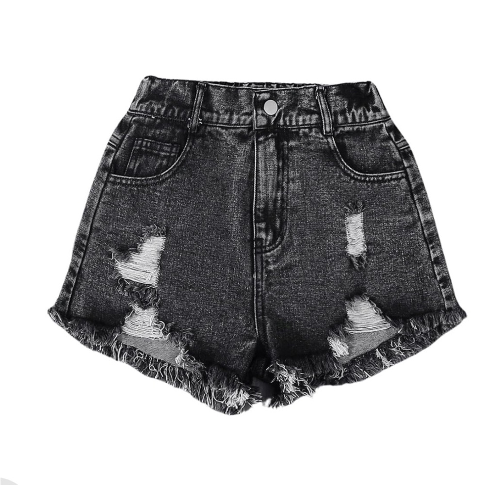 Girl’s Ripped Raw Hem Straight Leg Elastic Waist Zipper Fly Denim Jean Shorts